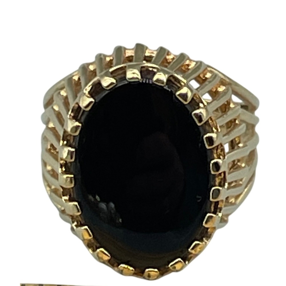 Vintage 18K HGE Gold Plated Black Onyx Oval Cabochon Cage Cocktail Ring Size 9.5